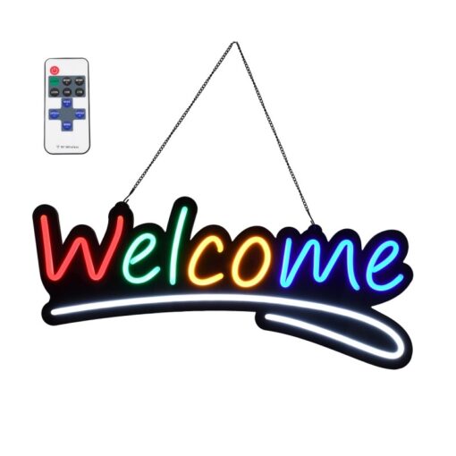 GloboStar® 85861 Φωτιστικό Ταμπέλα Φωτεινή Επιγραφή NEON LED Σήμανσης Animated WELCOME 30W AC 230V με Διακόπτη On/Off και Ασύρματο Χειριστήριο IR Κόκκινο – Πράσινο – Κίτρινο – Μπλε – Λευκό
