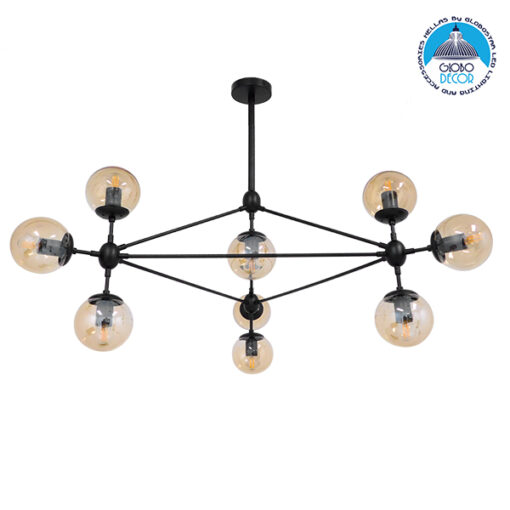 GloboStar® SENTINEL 01636 Μοντέρνο Industrial Κρεμαστό Φωτιστικό Οροφής Πολύφωτο 10 x E27 Μαύρο Μεταλλικό Πολυέλαιος με Μελί Γυαλί Φ110 x Υ82cm