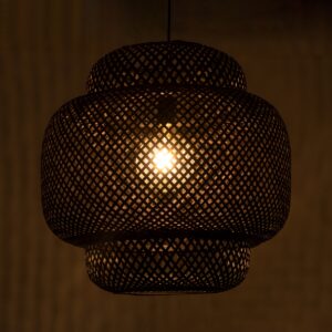 GloboStar® MALDIVES 00579 Μοντέρνο Κρεμαστό Φωτιστικό Οροφής Μονόφωτο 1 x E27 Μαύρο Bamboo Πλέγμα Φ56 x Υ54cm