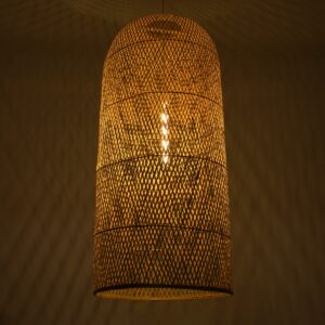 GloboStar® CALERO 00671 Μοντέρνο Κρεμαστό Φωτιστικό Οροφής Μονόφωτο 1 x E27 Μπεζ Μπαμπού Καμπάνα Φ50 x Υ110cm