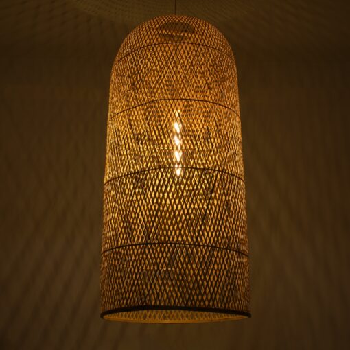 GloboStar® CALERO 00671 Μοντέρνο Κρεμαστό Φωτιστικό Οροφής Μονόφωτο 1 x E27 Μπεζ Μπαμπού Καμπάνα Φ50 x Υ110cm