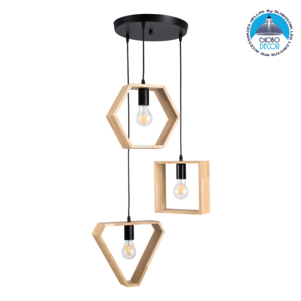 GloboStar® ELISE 00683 Μοντέρνο Κρεμαστό Φωτιστικό Οροφής Τρίφωτο 3 x E27 Μπεζ Μεταλλικό Ξύλινο Δρυς Ράγα Φ55 x Υ130cm