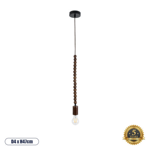 GloboStar® BEADS 00694 Vintage Κρεμαστό Φωτιστικό Οροφής Μονόφωτο 1 x E27 AC220-240V IP20 – Φ4 x Υ47cm – Καφέ Σκούρο Ξύλινο Ανάρτηση – 5 Χρόνια Εγγύηση
