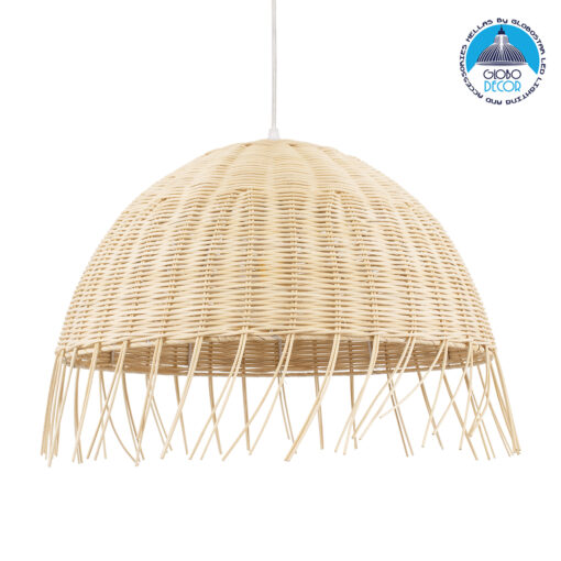 GloboStar® JAKARTA 00712 Vintage Κρεμαστό Φωτιστικό Οροφής Μονόφωτο 1 x E27 Μπέζ Ξύλινο Ψάθινο Bamboo Καμπάνα Φ50 x Y36cm