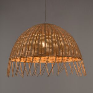 GloboStar® JAKARTA 00712 Vintage Κρεμαστό Φωτιστικό Οροφής Μονόφωτο 1 x E27 Μπέζ Ξύλινο Ψάθινο Bamboo Καμπάνα Φ50 x Y36cm