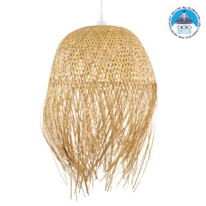 GloboStar® MANILA 00713 Vintage Κρεμαστό Φωτιστικό Οροφής Μονόφωτο 1 x E27 Μπέζ Ξύλινο Ψάθινο Bamboo Καμπάνα Φ50 x Y70cm