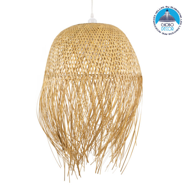 GloboStar® MANILA 00713 Vintage Κρεμαστό Φωτιστικό Οροφής Μονόφωτο 1 x E27 Μπέζ Ξύλινο Ψάθινο Bamboo Καμπάνα Φ50 x Y70cm