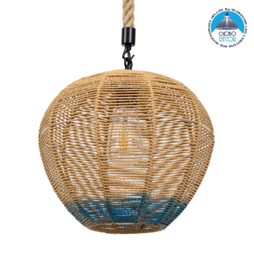 GloboStar® SIMON 00726 Vintage Κρεμαστό Φωτιστικό Οροφής Μονόφωτο 1 x E27 Μπεζ – Μπλε Καμπάνα με Σχοινί Φ30 x Υ30cm