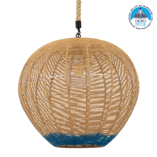 GloboStar® SIMON 00727 Vintage Κρεμαστό Φωτιστικό Οροφής Μονόφωτο 1 x E27 Μπεζ – Μπλε Καμπάνα με Σχοινί Φ50 x Υ47cm
