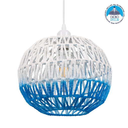 GloboStar® SANTOR 00728 Vintage Κρεμαστό Φωτιστικό Οροφής Μονόφωτο 1 x E27 Λευκό – Μπλε Καμπάνα με Σχοινί Φ30 x Υ30cm