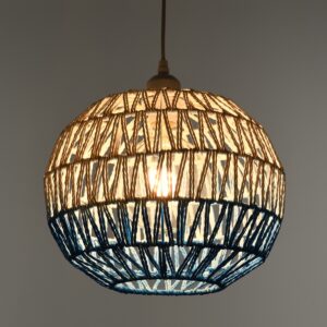 GloboStar® SANTOR 00728 Vintage Κρεμαστό Φωτιστικό Οροφής Μονόφωτο 1 x E27 Λευκό – Μπλε Καμπάνα με Σχοινί Φ30 x Υ30cm