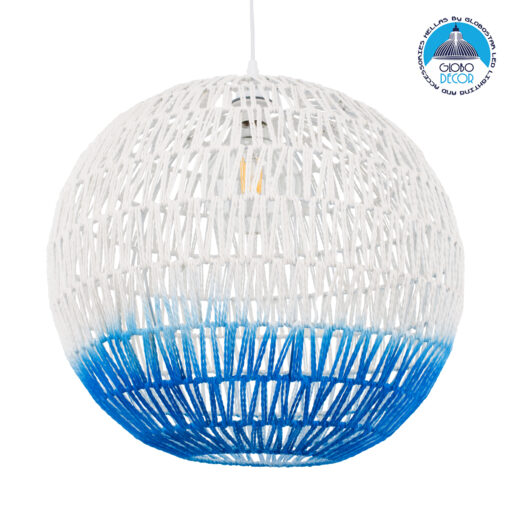 GloboStar® SANTOR 00729 Vintage Κρεμαστό Φωτιστικό Οροφής Μονόφωτο 1 x E27 Λευκό – Μπλε Καμπάνα με Σχοινί Φ50 x Υ50cm