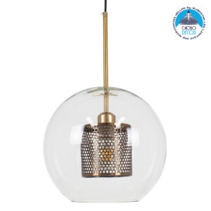 GloboStar® AVERY 00740 Μοντέρνο Κρεμαστό Φωτιστικό Οροφής Μονόφωτο 1 x E27 Διάφανο Γυάλινο με Χρυσό Μεταλλικό Πλέγμα Φ30 x Υ48cm