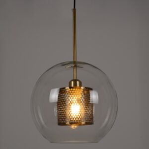 GloboStar® AVERY 00740 Μοντέρνο Κρεμαστό Φωτιστικό Οροφής Μονόφωτο 1 x E27 Διάφανο Γυάλινο με Χρυσό Μεταλλικό Πλέγμα Φ30 x Υ48cm