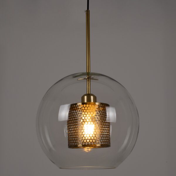 GloboStar® AVERY 00740 Μοντέρνο Κρεμαστό Φωτιστικό Οροφής Μονόφωτο 1 x E27 Διάφανο Γυάλινο με Χρυσό Μεταλλικό Πλέγμα Φ30 x Υ48cm