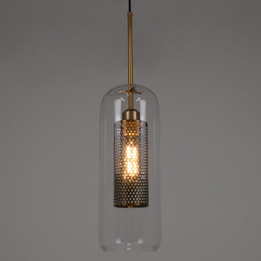 GloboStar® AVERY 00741 Μοντέρνο Κρεμαστό Φωτιστικό Οροφής Μονόφωτο 1 x E27 Διάφανο Γυάλινο με Χρυσό Μεταλλικό Πλέγμα Φ15 x Υ60cm