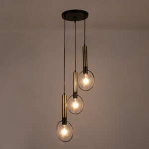 GloboStar® OLVERO 00773 Μοντέρνο Κρεμαστό Φωτιστικό Οροφής Τρίφωτο 3 x E27 Μαύρο – Χρυσό Μεταλλικό Πλέγμα Φ30 x Y130cm