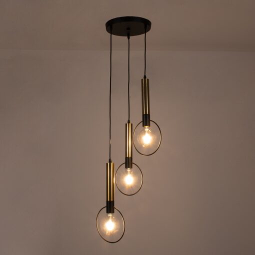 GloboStar® OLVERO 00773 Μοντέρνο Κρεμαστό Φωτιστικό Οροφής Τρίφωτο 3 x E27 Μαύρο – Χρυσό Μεταλλικό Πλέγμα Φ30 x Y130cm