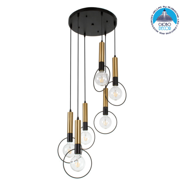 GloboStar® OLVERO 00774 Μοντέρνο Κρεμαστό Φωτιστικό Οροφής Πολύφωτο 6 x E27 Μαύρο – Χρυσό Μεταλλικό Πλέγμα Φ55 x Y130cm