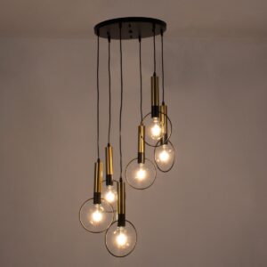 GloboStar® OLVERO 00774 Μοντέρνο Κρεμαστό Φωτιστικό Οροφής Πολύφωτο 6 x E27 Μαύρο – Χρυσό Μεταλλικό Πλέγμα Φ55 x Y130cm