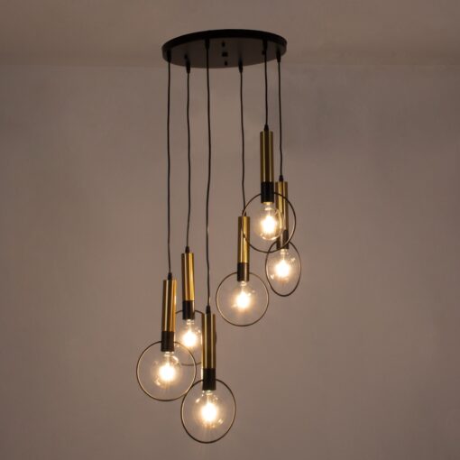 GloboStar® OLVERO 00774 Μοντέρνο Κρεμαστό Φωτιστικό Οροφής Πολύφωτο 6 x E27 Μαύρο – Χρυσό Μεταλλικό Πλέγμα Φ55 x Y130cm