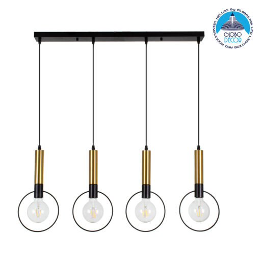 GloboStar® OLVERO 00775 Μοντέρνο Κρεμαστό Φωτιστικό Οροφής Πολύφωτο 4 x E27 Μαύρο – Χρυσό Μεταλλικό Πλέγμα Μ90 x Π18 x Y130cm