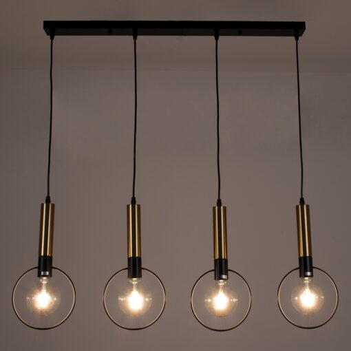 GloboStar® OLVERO 00775 Μοντέρνο Κρεμαστό Φωτιστικό Οροφής Πολύφωτο 4 x E27 Μαύρο – Χρυσό Μεταλλικό Πλέγμα Μ90 x Π18 x Y130cm