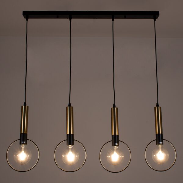 GloboStar® OLVERO 00775 Μοντέρνο Κρεμαστό Φωτιστικό Οροφής Πολύφωτο 4 x E27 Μαύρο – Χρυσό Μεταλλικό Πλέγμα Μ90 x Π18 x Y130cm