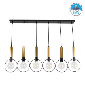 GloboStar® OLVERO 00776 Μοντέρνο Κρεμαστό Φωτιστικό Οροφής Πολύφωτο 6 x E27 Μαύρο – Χρυσό Μεταλλικό Πλέγμα Μ110 x Π18 x Y130cm