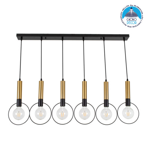 GloboStar® OLVERO 00776 Μοντέρνο Κρεμαστό Φωτιστικό Οροφής Πολύφωτο 6 x E27 Μαύρο – Χρυσό Μεταλλικό Πλέγμα Μ110 x Π18 x Y130cm