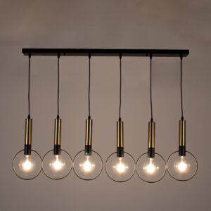 GloboStar® OLVERO 00776 Μοντέρνο Κρεμαστό Φωτιστικό Οροφής Πολύφωτο 6 x E27 Μαύρο – Χρυσό Μεταλλικό Πλέγμα Μ110 x Π18 x Y130cm