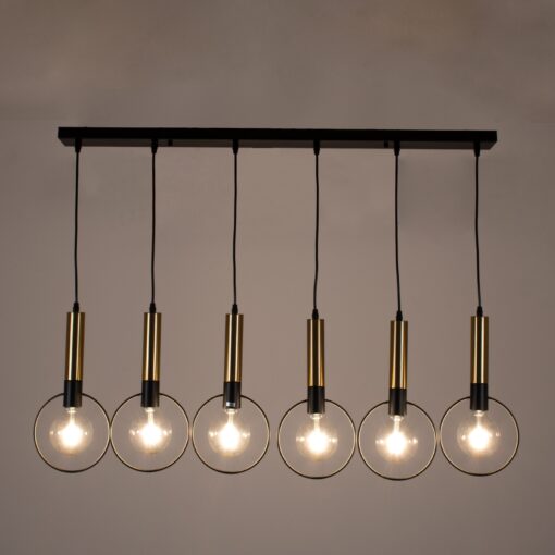 GloboStar® OLVERO 00776 Μοντέρνο Κρεμαστό Φωτιστικό Οροφής Πολύφωτο 6 x E27 Μαύρο – Χρυσό Μεταλλικό Πλέγμα Μ110 x Π18 x Y130cm