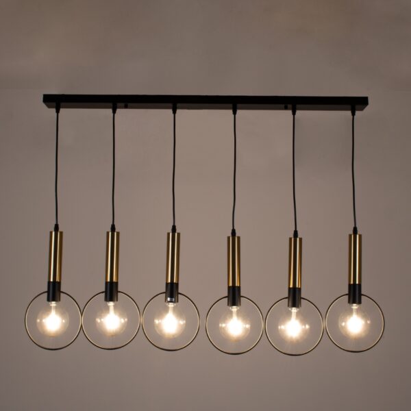 GloboStar® OLVERO 00776 Μοντέρνο Κρεμαστό Φωτιστικό Οροφής Πολύφωτο 6 x E27 Μαύρο – Χρυσό Μεταλλικό Πλέγμα Μ110 x Π18 x Y130cm