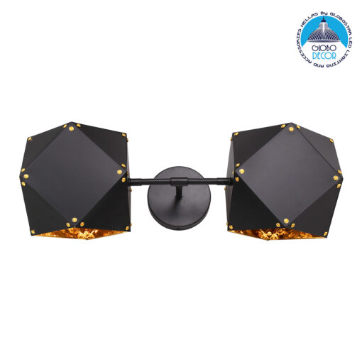 GloboStar® WELLES Replica 00795 Μοντέρνο Φωτιστικό Τοίχου Απλίκα Δίφωτο Μεταλλικό Μαύρο – Χρυσό Μ52 x Π21 x Υ17cm