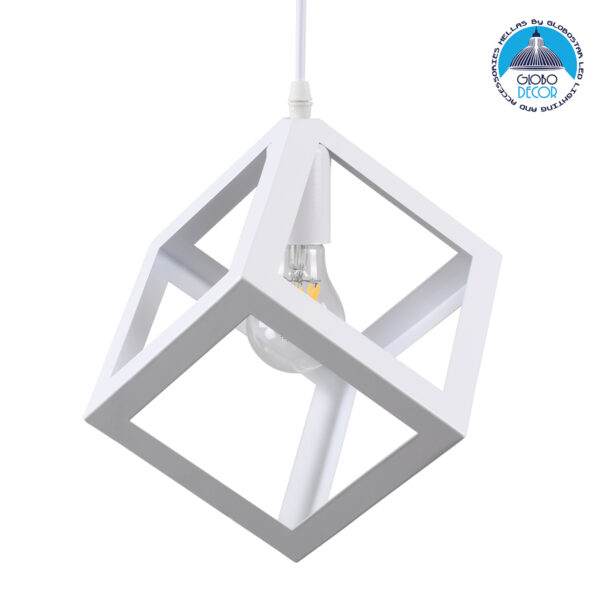 GloboStar® CUBE 00802 Μοντέρνο Κρεμαστό Φωτιστικό Οροφής Μονόφωτο Λευκό Μεταλλικό Πλέγμα Μ25 x Π25 x Υ25cm