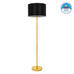 GloboStar® ASHLEY 00825 Μοντέρνο Φωτιστικό Δαπέδου Μονόφωτο 1 x E27 Χρυσό Μεταλλικό Καμπάνα με Μαύρο Ύφασμα & Χρυσή Βάση D40 x H148cm