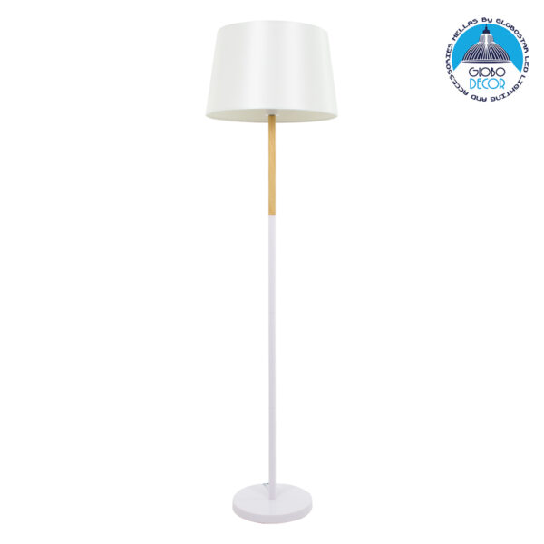 GloboStar® CEDAR 00828 Μοντέρνο Φωτιστικό Δαπέδου Μονόφωτο 1 x E27 Λευκό Μεταλλικό Καμπάνα με Λευκό Ύφασμα & Εφέ Ξύλου D40 x H148cm