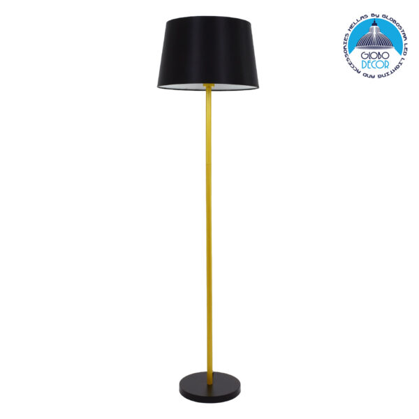 GloboStar® CEDAR 00829 Μοντέρνο Φωτιστικό Δαπέδου Μονόφωτο 1 x E27 Χρυσό Μεταλλικό Καμπάνα με Μαύρο Ύφασμα & Μαύρη Βάση D40 x H148cm