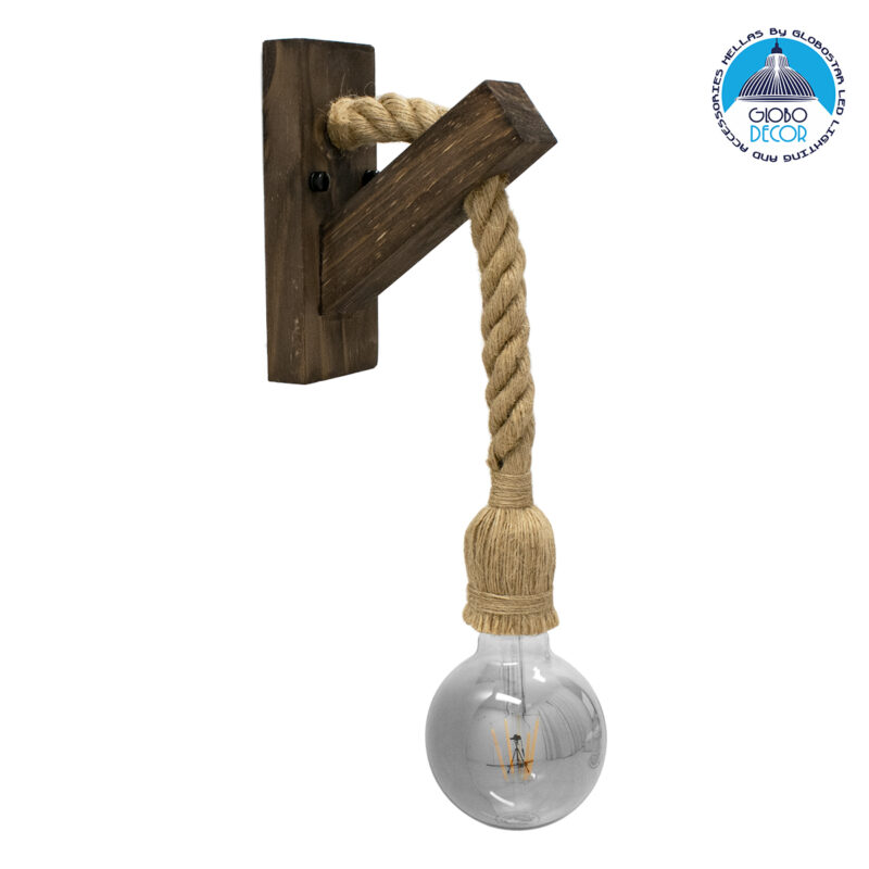 GloboStar® VANITY 00878 Vintage Φωτιστικό Τοίχου Απλίκα Μονόφωτο Καφέ Σκούρο Ξύλινο με Σχοινί Μ7 x Π15 x Υ30cm