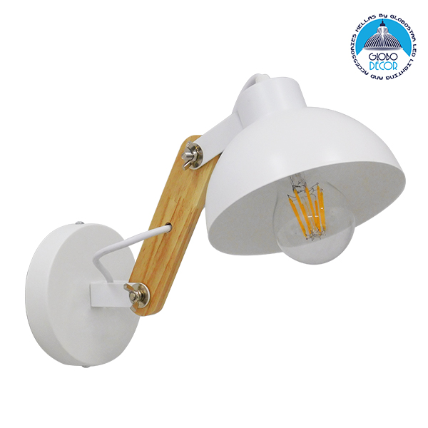 GloboStar® GRANT 00903 Μοντέρνο Φωτιστικό Τοίχου Απλίκα Μονόφωτο Λευκό με Ξύλινο Βραχίονα Μεταλλικό Φ15 x Y12cm