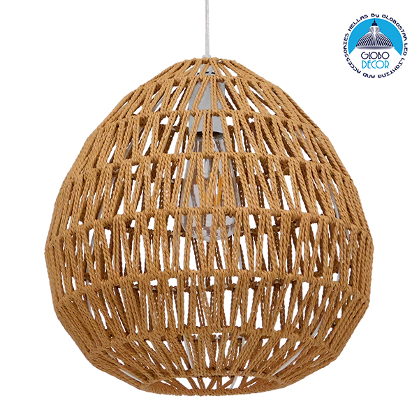 GloboStar® JIMMY 00911 Vintage Κρεμαστό Φωτιστικό Οροφής Μονόφωτο 1 x E27 Πλέγμα με Ανοιχτό Καφέ Σχοινί Φ36 x Y30cm