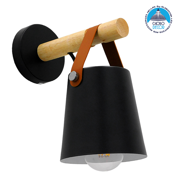 GloboStar® AMY 00947 Μοντέρνο Φωτιστικό Τοίχου Απλίκα Μονόφωτο Μαύρο με Ξύλο και Δερμάτινο Λουράκι Μεταλλικό Φ13 x Μ13 x Π19 x Y14cm