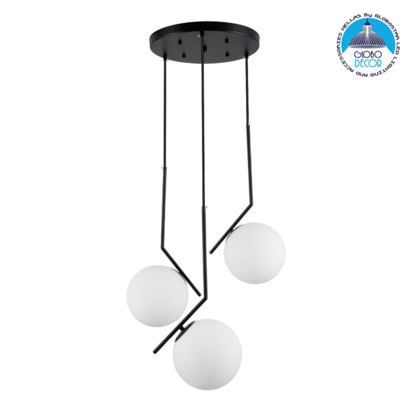 GloboStar® MONROE 00952 Μοντέρνο Κρεμαστό Φωτιστικό Οροφής Τρίφωτο 3 x E27 Μαύρο – Λευκό Μεταλλικό Μπάλα Φ60 x Υ50cm