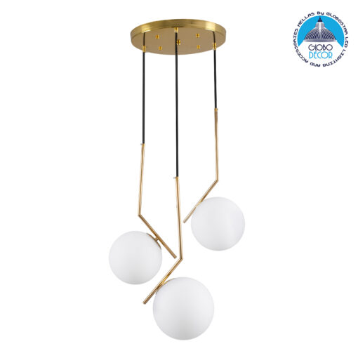 GloboStar® MONROE 00953 Μοντέρνο Κρεμαστό Φωτιστικό Οροφής Τρίφωτο 3 x E27 Χρυσό – Λευκό Μεταλλικό Μπάλα Φ60 x Υ50cm