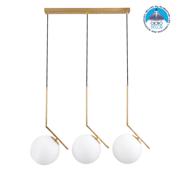 GloboStar® MONROE 00955 Μοντέρνο Κρεμαστό Φωτιστικό Οροφής Τρίφωτο 3 x E27 Χρυσό – Λευκό Μεταλλικό Μπάλα Μ74 x Π25 x Υ50cm