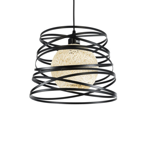 GloboStar® CARTER 00961 Μοντέρνο Industrial Κρεμαστό Φωτιστικό Οροφής Μονόφωτο 1 x E27 AC220-240V IP20 – Φ32 x Υ25cm – Μαύρο Μεταλλικό και Εκρού Μπάλα Πλέγμα – 5 Χρόνια Εγγύηση