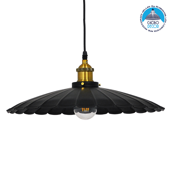 GloboStar® MARGI 00982 Vintage Industrial Κρεμαστό Φωτιστικό Οροφής Μονόφωτο Μαύρο Μεταλλικό Καμπάνα Φ40 x Y15cm