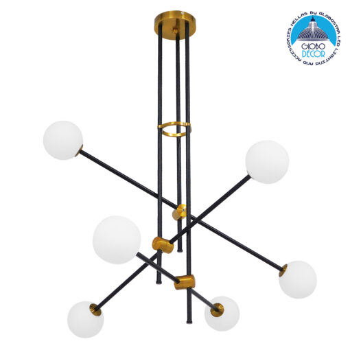 GloboStar® VELVET 00994 Μοντέρνο Industrial Φωτιστικό Οροφής Πολύφωτο 6 x G9 Μαύρο – Χρυσό Μεταλλικό Φ80 x Y85cm