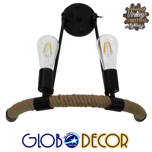GloboStar® CROWN 01002 Vintage Industrial Φωτιστικό Τοίχου Απλίκα Δίφωτο Μαύρο Μεταλλικό με Μπεζ Σχοινί Μ21.5 x Π41 x Υ47cm