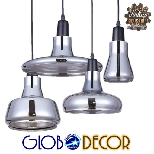 GloboStar® FEMINE 01011 SET 4 Μοντέρνα Κρεμαστά Φωτιστικά Οροφής Ποολύφωτο 4 x E27 Γυάλινα Φιμέ Χρωμίου Μονόφωτα Καμπάνα